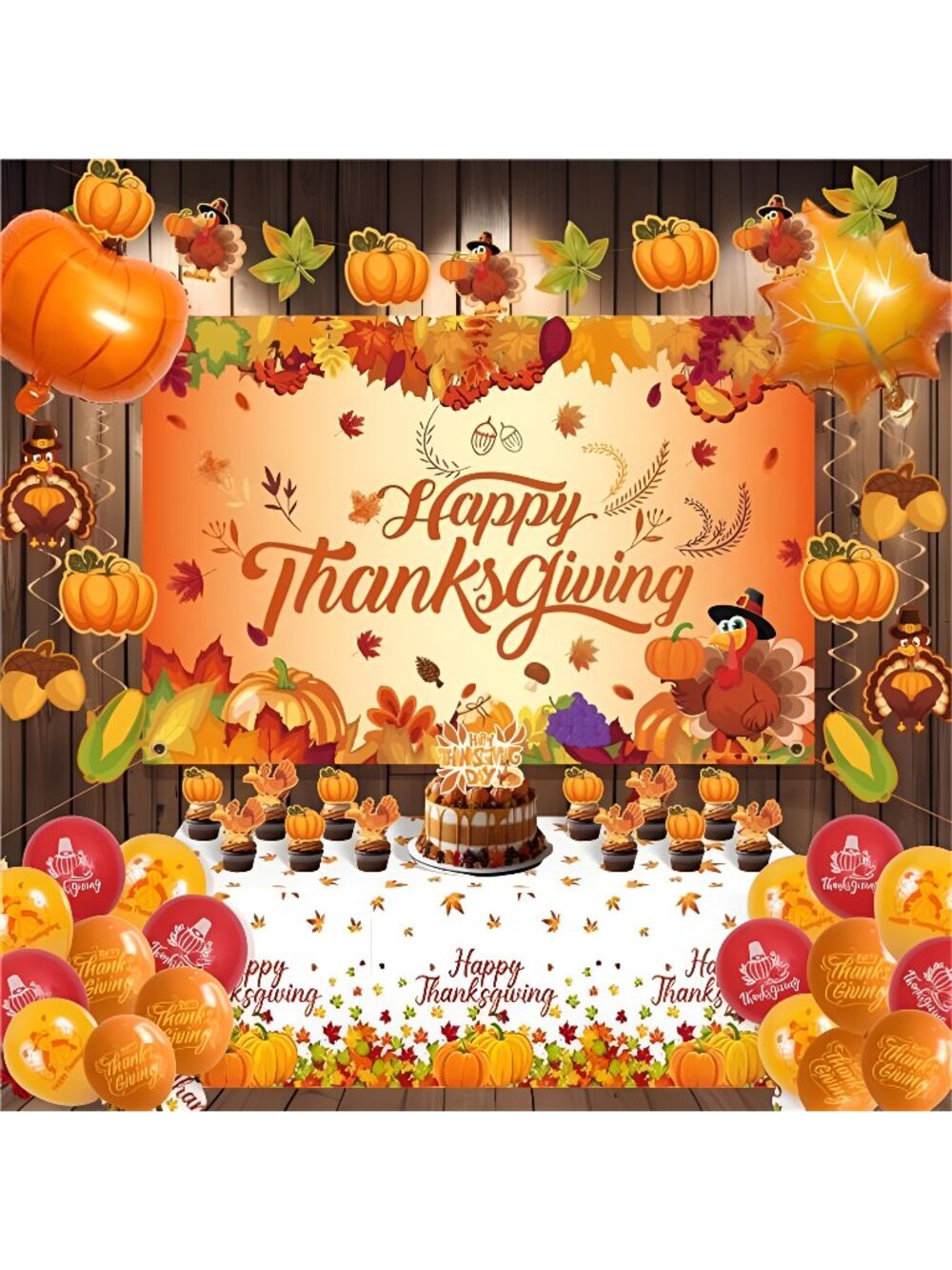 Thanksgiving Party Decorations Set, Turkey Themed Backdrop,Tablecloth